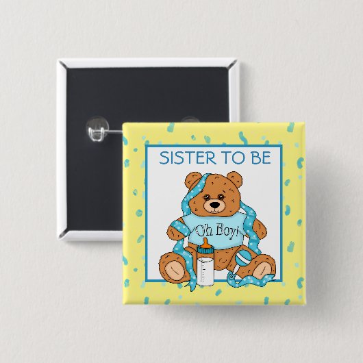 Sister be Blue Teddy Bear Baby Shower Button (Vorne & Hinten)