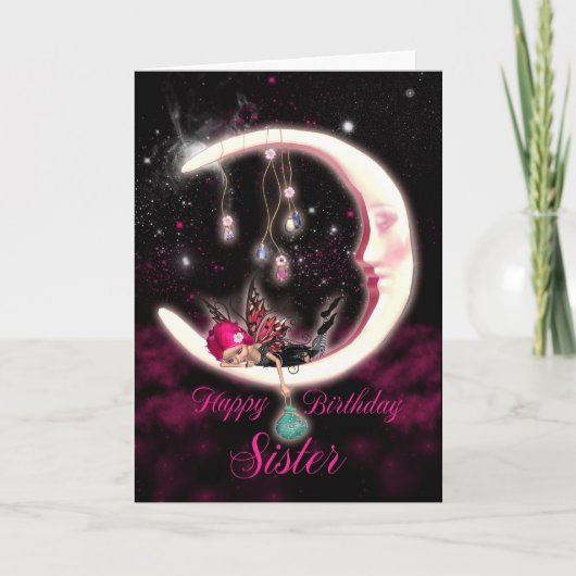 Sister Birthday Card mit Fantasy Moon Fairy Karte (Vorderseite)