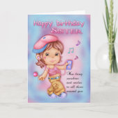 Sister Birthday Card - Niedliches Mädchen mit Musi Karte (Vorderseite)