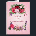 Sister Birthday Gorgeous Rose<br><div class="desc">Diese Geburtstagskarte für eine Schwester hat schöne Rose in voller Blüte. Der rosa Hintergrund hat blass rosa Rosen,  die durch das Bild hindurch zeigen. Eine wunderschöne,  traditionelle Geburtstagskarte,  die wirklich Freude bereiten wird.</div>