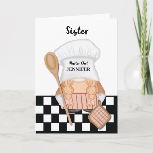 Sister Birthday Whimsical Gnome Koch Cooking Karte (Vorderseite)
