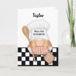 Sister Birthday Whimsical Gnome Koch Cooking Karte<br><div class="desc">Feiern Sie den besonderen Tag Ihrer Schwester mit einer Touch kulinarischer Genüsse in dieser einzigartigen Geburtstagskarte! Stellen Sie sich sie in der Küche vor, tragen Sie den Hut eines Koch und fügen Sie eine spielerische Drehung mit einem Holzlöffel, einem Topfhalter und vielleicht einem skurrilen Bart hinzu. Die Karte erfasst den...</div>