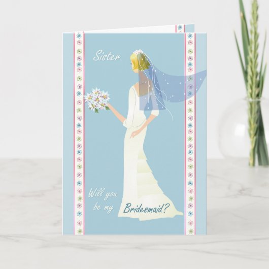 Sister, Bridesmaid, white dress on blue Card Einladung (Vorderseite)