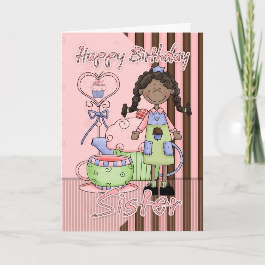 Sister Cute Birthday Card - Cupcakes And Tea - Afr Karte (Vorderseite)