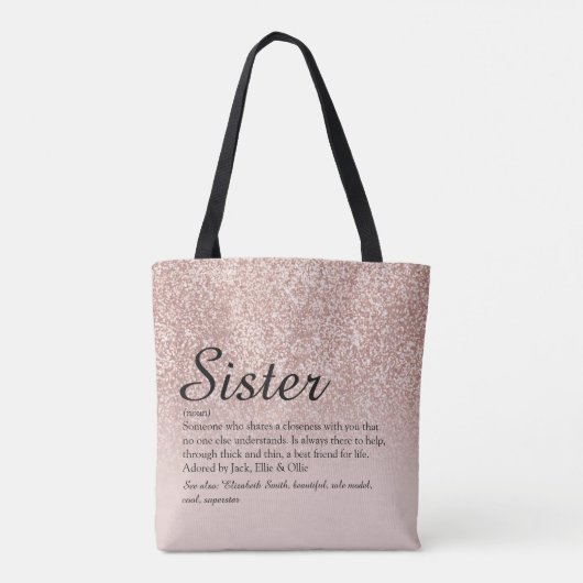 Sister Definition Script-Rose Gold Glitzer Tasche (Rückseite)
