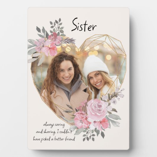 Sister Foto Plaque Gold Herz Blumenrahmen Fotoplatte (Vorderseite)