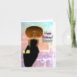 Sister Funny African American Happy Birthday Card Karte<br><div class="desc">Diese lustige Happy Birthday Card beinhaltet eine afrikanisch-amerikanische Dame mit einem Afro,  das ein Pocketbook trägt. Hol dir diese lustige Karte für deine Schwester und zeig ihr,  wie viel sie dachte.</div>