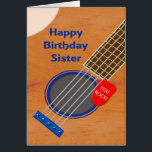 Sister Guitar Player Birthday<br><div class="desc">Eine Geburtstagskarte für eine Schwester,  die die Gitarre Liebe. Ein nahes Aufsetzen einer Gitarre mit einem Plectrum in den Saiten. Auf dem Spektrum sind die Worte 'You Rock'. Eine Geburtstagskarte für einen Musiker,  der die Gitarre Liebe.</div>
