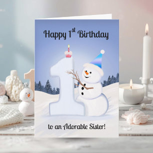Sister Happy 1. Geburtstag Schneemann Bauen Karte
