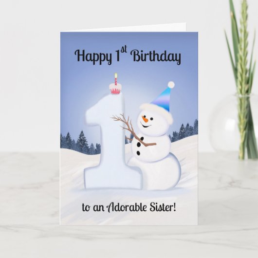 Sister Happy 1st Birthday Snowman Building Karte (Vorderseite)