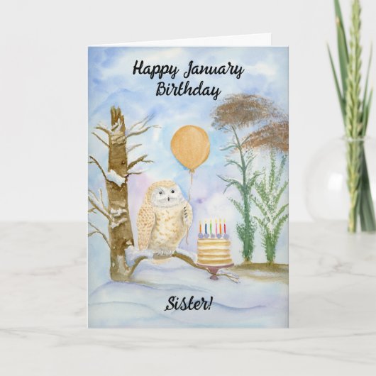 Sister Happy January Birthday Owl Cake Karte (Vorderseite)