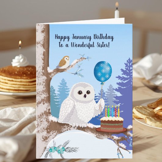 Sister Happy January Birthday Snowy Owl Karte