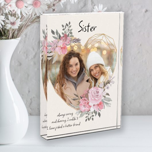 Sister Pink Floral Gold Geometric Heart Shaped Fotoblock