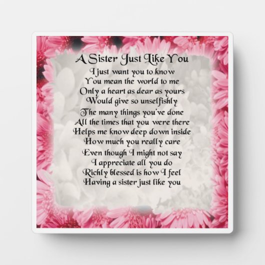 Sister Poem Plaque - rosa Blumendesign Fotoplatte (Vorderseite)