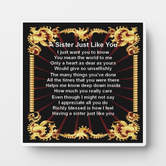 Sister Poem Plaque - Schwarzes Design Fotoplatte (Vorderseite)