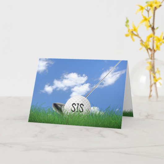 Sister’s birthday golf ball in Grass Karte (Gelbe Blume)