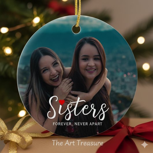 Sisters Connected At Heart Photo Keepsake White Keramik Ornament
