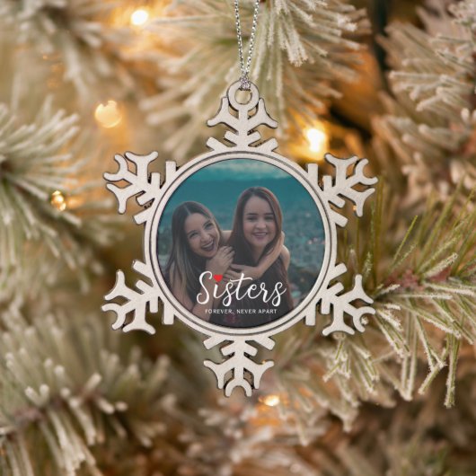 Sisters Connected At Heart Photo Keepsake White Schneeflocken Zinn-Ornament (Baum)