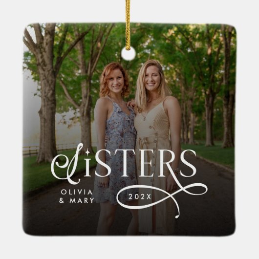 Sisters Photo Personalized Monogram Keramikornament (Rückseite)