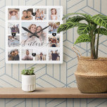 Sisters Script Family Memory Foto Grid Collage Quadratische Wanduhr<br><div class="desc">Eine wunderschöne personalisierte Gabe für deine Schwester, die sie noch jahrelang schätzen wird. Mit einem modernen, dreizehn Foto Gitter-Collage-Layout können 13 eigene Erinnerungen für Fotos Ihrer eigenen Familie angezeigt werden. "Sisters" entworfen in einem schönen handgeschriebenen schwarzen Skriptstil. Jedes Foto ist mit einem einfachen goldfarbenen Rahmen gerahmt. Einfache schwarze Herzen und...</div>