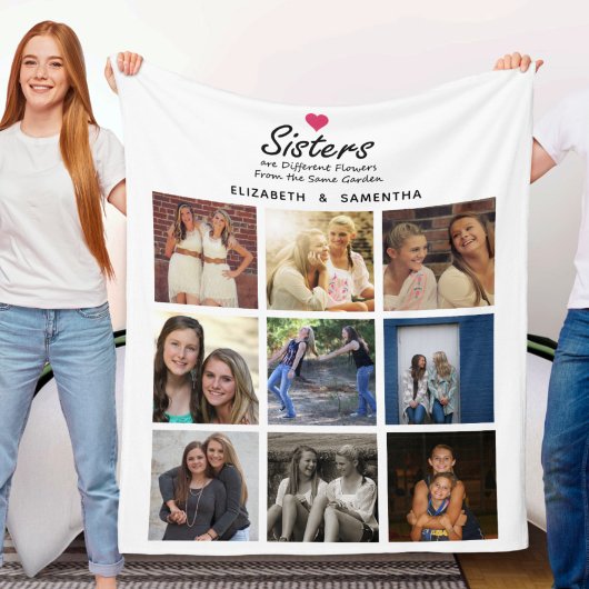 Sisters Script Quote Hot Pink Heart Foto Collage Fleecedecke