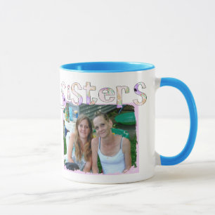 Sisters Tasse mit Foto und Zitat in rosa Herzen