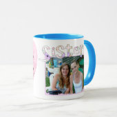 Sisters Tasse mit Foto und Zitat in rosa Herzen (VorderseiteRechts)