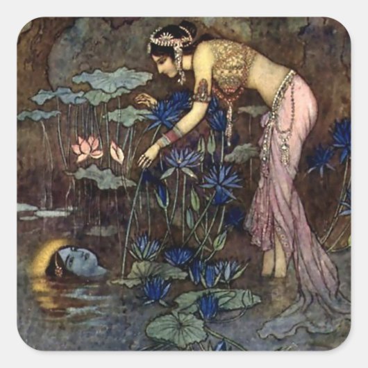 "Sita Finds Rama" von Warwick Goble Quadratischer Aufkleber (Vorderseite)