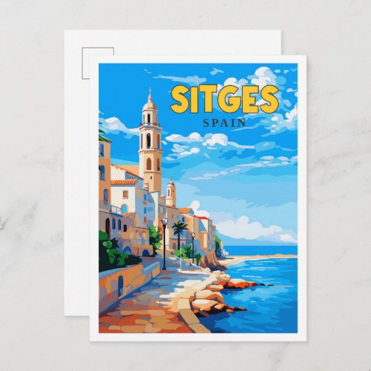Sitges Spain Vintage Reise Illustration Postkarte (Vorne/Hinten)