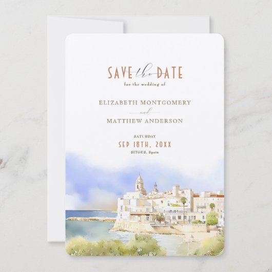 Sitges Spanien Hochzeit in Urlaubsort Rett-the-Dat Einladung (Vorderseite)