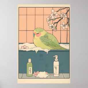 Sittich in der Badewanne Ukiyo-e-Druck lustiger Vo Poster