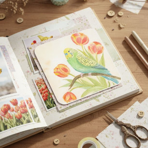 Sittich mit Tulpen Quadratischer Aufkleber