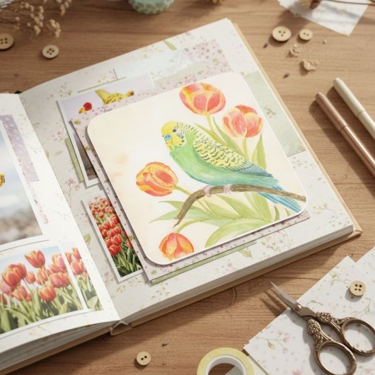 Sittich mit Tulpen Quadratischer Aufkleber