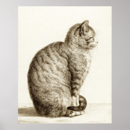 Sitting cat vintage sepia pencil drawing poster
