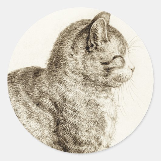 Sitting cat vintage sepia pencil drawing runder aufkleber (Vorderseite)