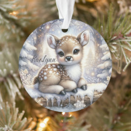 Sitting Fawn in Snowflake Forest Ornament
