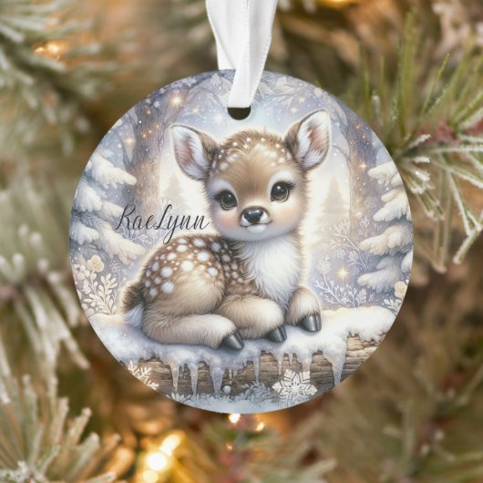 Sitting Fawn in Snowflake Forest Ornament (Baum)