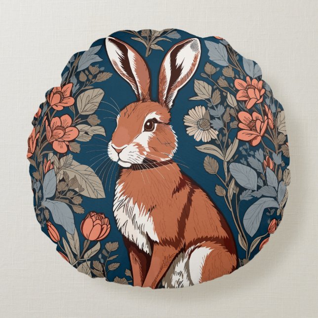 Sitting Hare William Morris Inspiriert floral Rundes Kissen (Vorderseite)