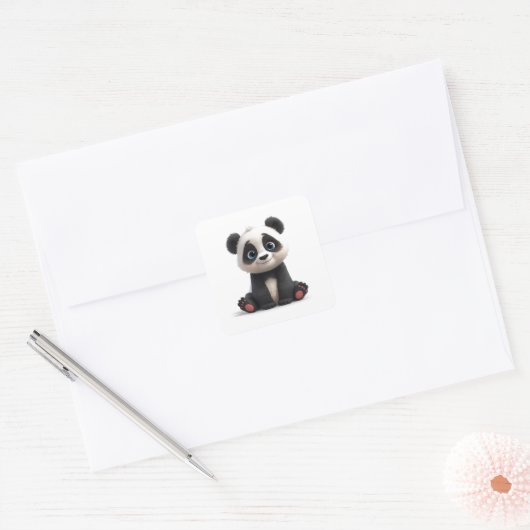 Sitting Panda Bear Cartoon Illustration Art Card Quadratischer Aufkleber (Umschlag)