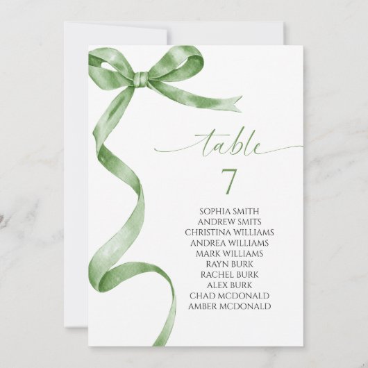 Sitzdiagramm der grünen Bow-Tischnummer Einladung (Rückseite)