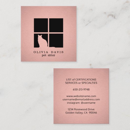 Sitzdienste für Haustiere Rosengold Imitate Metall Quadratische Visitenkarte (Vorne/Hinten)