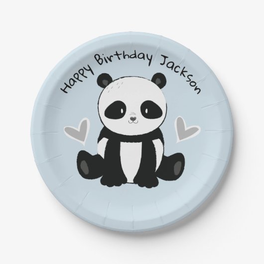 Sitzen Panda mit Herz-Blau-Party-Platte Pappteller (Vorderseite)