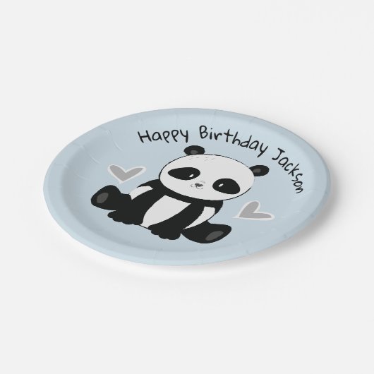 Sitzen Panda mit Herz-Blau-Party-Platte Pappteller (Schrägansicht)