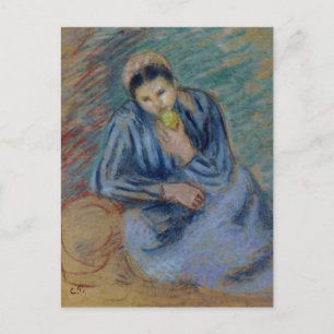 Sitzende Bauernfrauen schneiden einen Apfel Postkarte