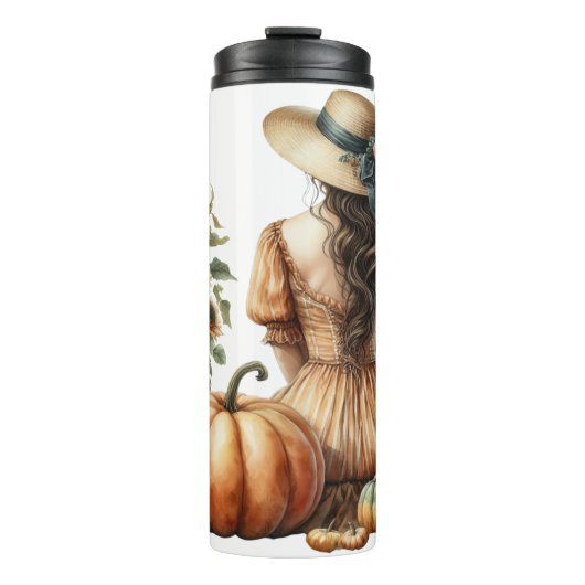 SITZENDE FRAU MIT EINER HAT & FALL-PUMPKINE THERMOSBECHER (Vorderseite)