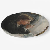 Sitzende Menschen verloren in Gedanken an den Tisc Pappteller (Schrägansicht)