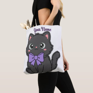 Sitzende schwarze Katze lila Schleife süße Kawaii Tasche