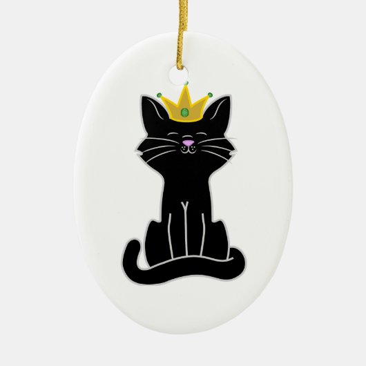 Sitzende schwarze Katze mit Goldkrone Keramikornament (Vorne)