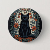 Sitzende schwarze Katze Vintage-Blumen Button (Vorderseite)