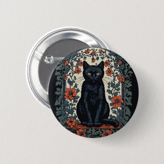Sitzende schwarze Katze Vintage-Blumen Button (Vorne & Hinten)
